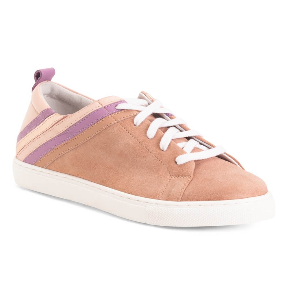 SEYCHELLES Stand Out Leather Multi Stripe Blush Suede Sneakers‎